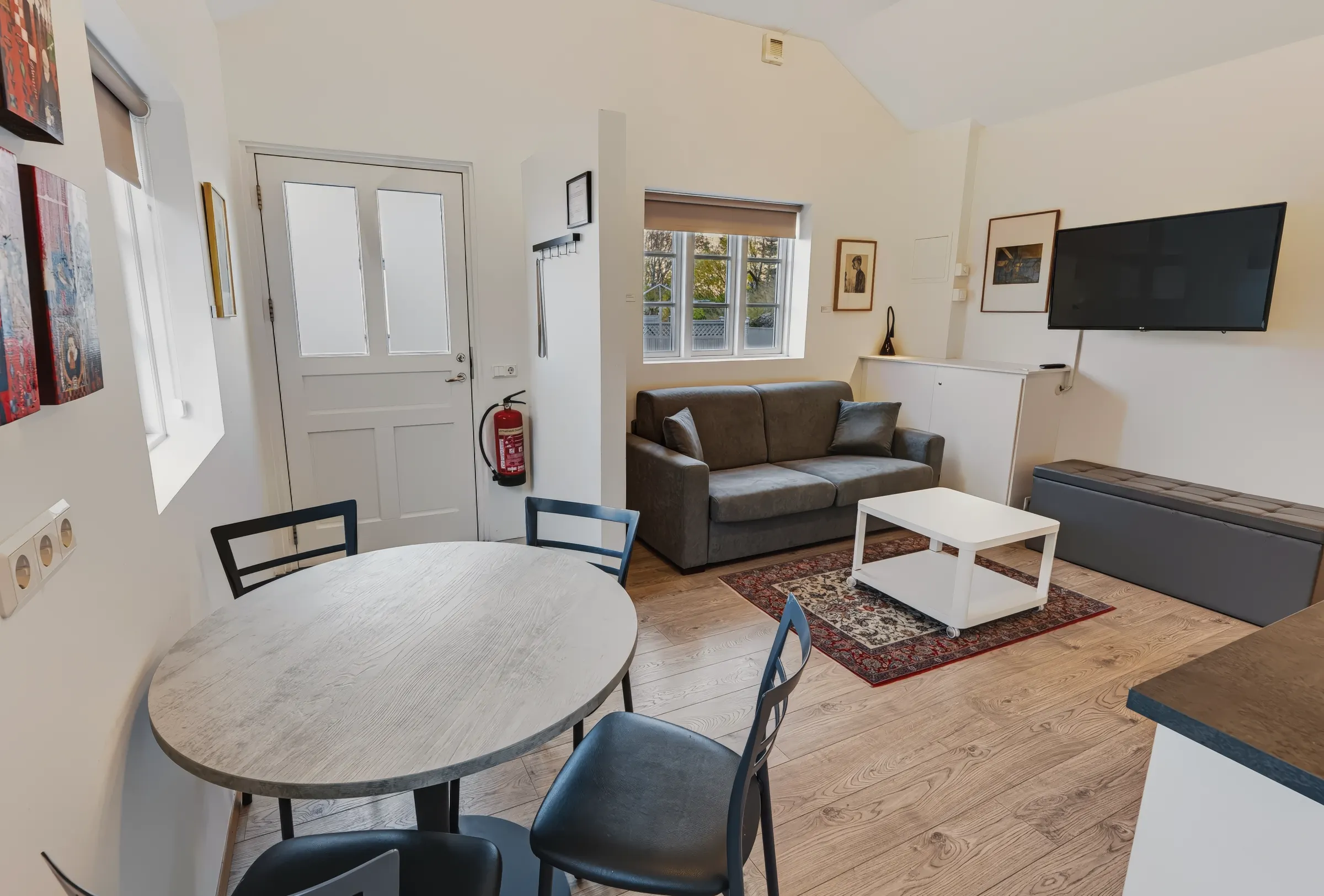 Dining table and front door, The Cosy Studio
